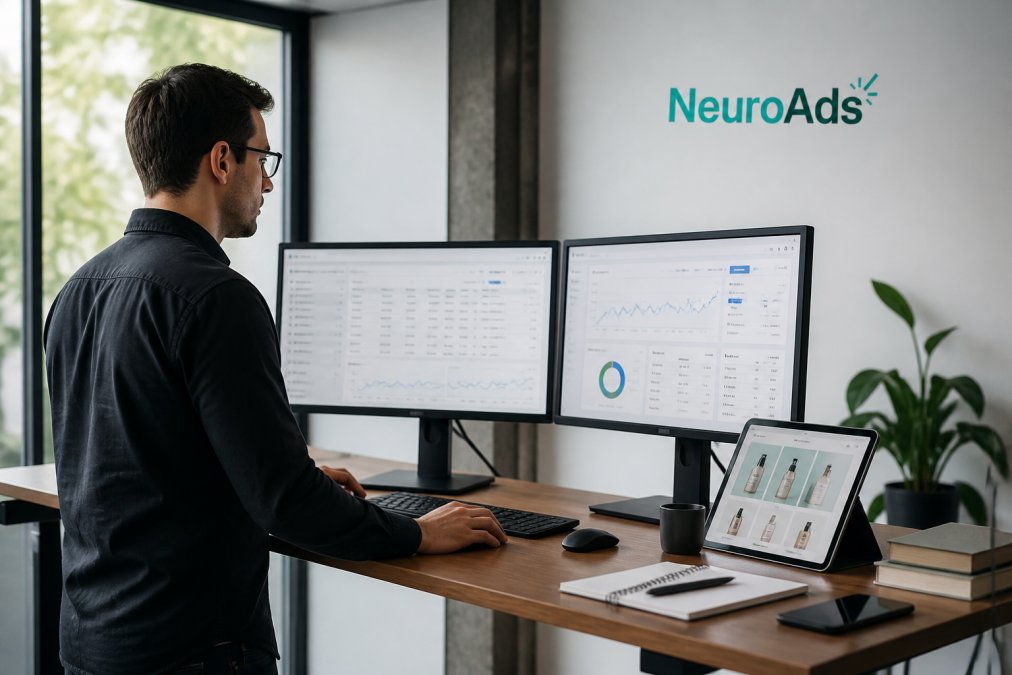 A paid media manager at a standing desk reviewing ecommerce ad performance dashboards on two monitors in a bright modern office, with a Shopify storefront visible on a tablet nearby