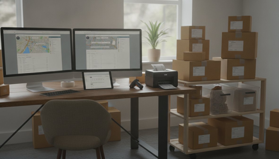 Small business owner seated at a clean wooden desk reviewing product listings on a laptop, with neatly stacked packaged shipping boxes arranged beside the desk in a bright, organized home office with natural window light