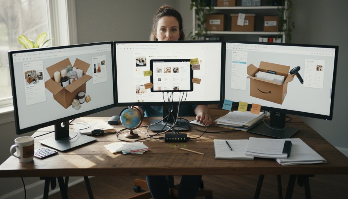 A small business owner sitting at a desk with multiple screens showing different online storefronts, managing product listings across channels in a tidy home office with warm natural light