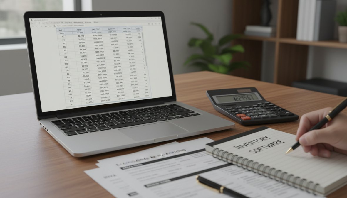 A business professional reviewing a printed cost breakdown report at a clean office desk, with a laptop open and a calculator nearby, focused expression in a well-lit modern office