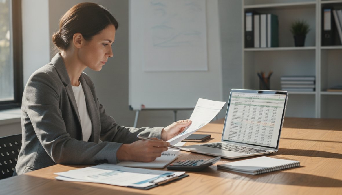 A professional reviewing financial documents and a laptop displaying a spreadsheet in a bright modern office, warm overhead lighting, suggesting cost analysis and budget planning