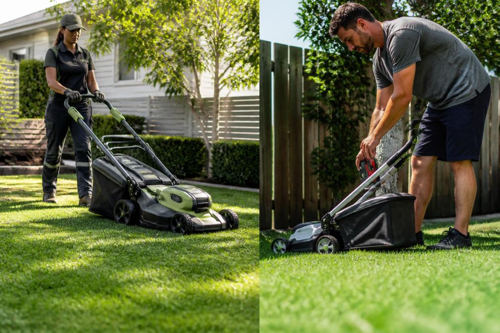 A professional garden maintenance worker in branded workwear operating a cordless electric lawn mower on a neat suburban residential lawn, bright morning sunlight, green turf freshly edged