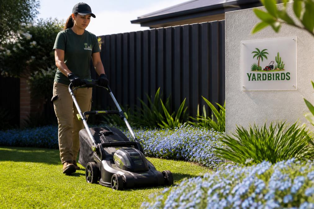 Professional gardener using modern all-electric cordless lawn mower on residential property, with blue star creeper groundcover visible in adjacent garden beds, natural daylight