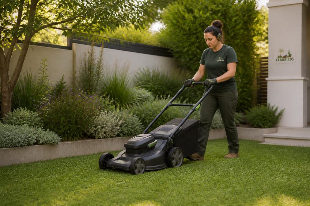 A professional gardener pushing a modern battery-powered lawn mower across a neat residential lawn, garden bed with native plants in the background, soft morning light