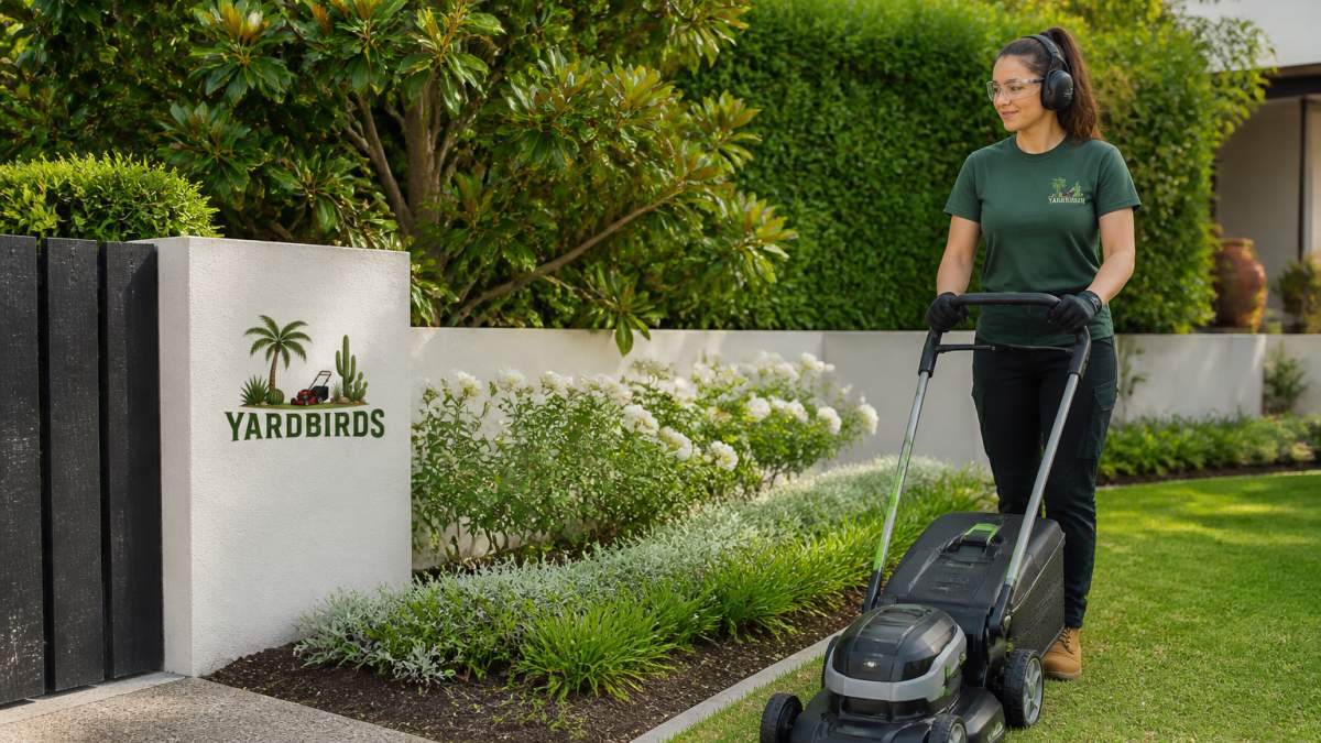 Professional gardener operating modern electric lawn mower on residential lawn with well-maintained garden beds and green grass visible in background, natural daylight
