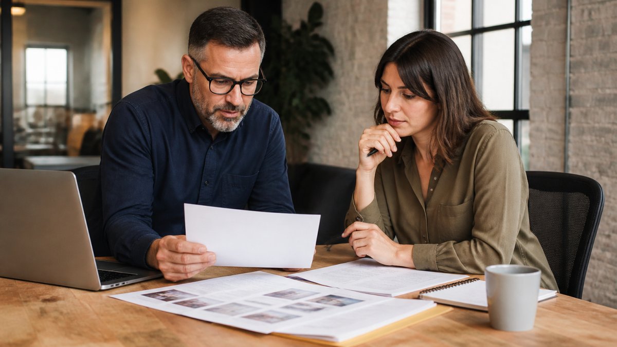 Marketing director and technical lead reviewing strategy documents together at a desk, with laptop and printed reports visible, discussing agency evaluation criteria in a modern office with natural window lighting