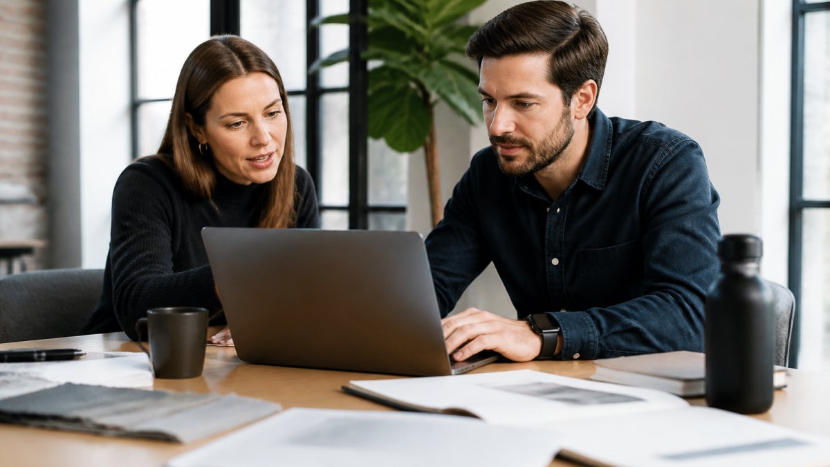 Marketing director and Shopify developer reviewing store performance metrics on a laptop during a strategy meeting in a modern office with natural lighting
