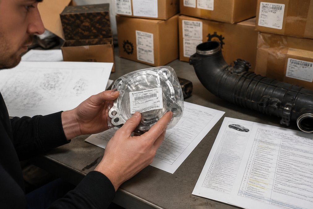 Audi owner carefully inspecting an OEM part number label on engine component packaging, with technical documentation and compatibility guides spread across a workbench
