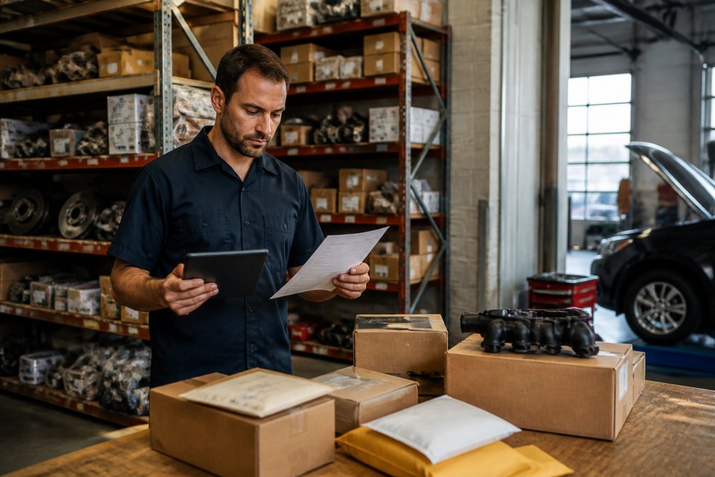 Mechanic in a well-lit garage workspace examining shipping documentation and tracking information on a tablet, with organized shelves of OEM parts and boxes in the background