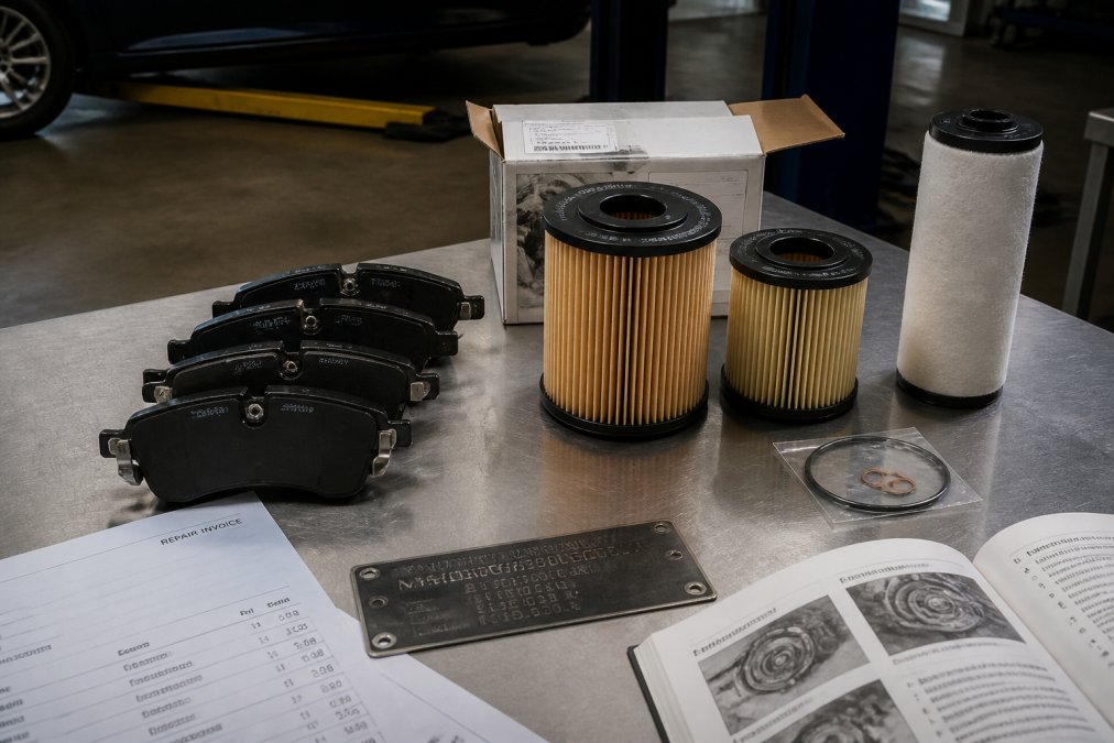 Close-up of genuine OEM brake pads and filters with clear manufacturer branding and part numbers, arranged on a clean workbench next to a vehicle identification number placard and technical documentation