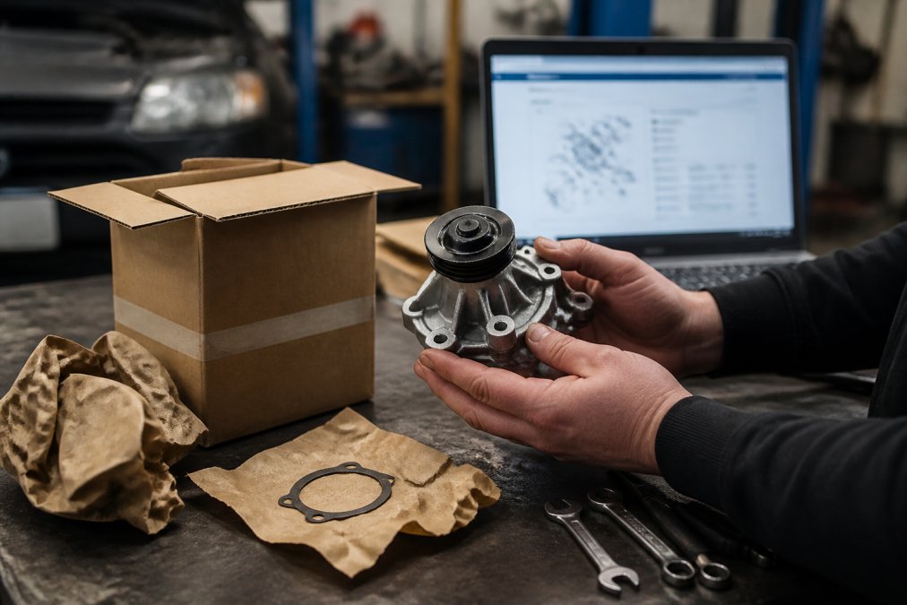 A mechanic's hands holding a genuine OEM European car part next to its packaging on a workbench, with tools and a laptop showing a parts catalog in the background