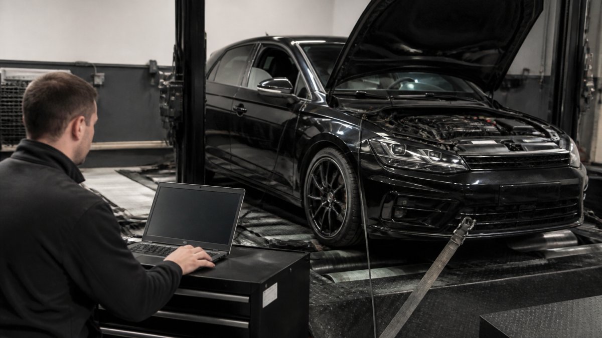 Technician using a laptop on a dyno to calculate an ECU remapping cost