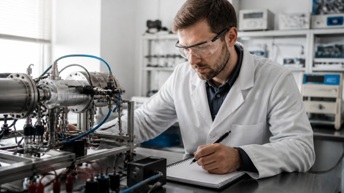 Ingeniero trabajando en laboratorio moderno con equipos de medición y pantallas mostrando gráficos de datos y modelos matemáticos, analizando resultados de simulación