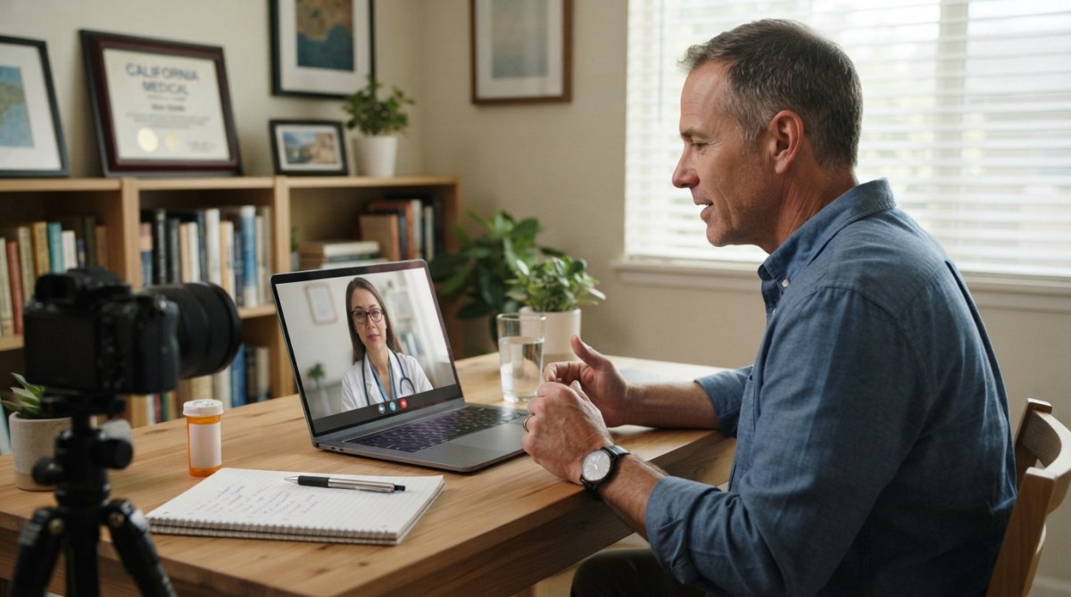 Man consulting a doctor via telehealth to manage ED medication side effects in a calm home office setting