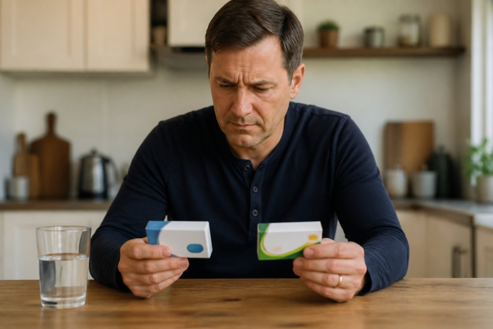 A middle-aged man sitting at a kitchen table, looking at two different medication boxes with a concerned expression, a glass of water nearby