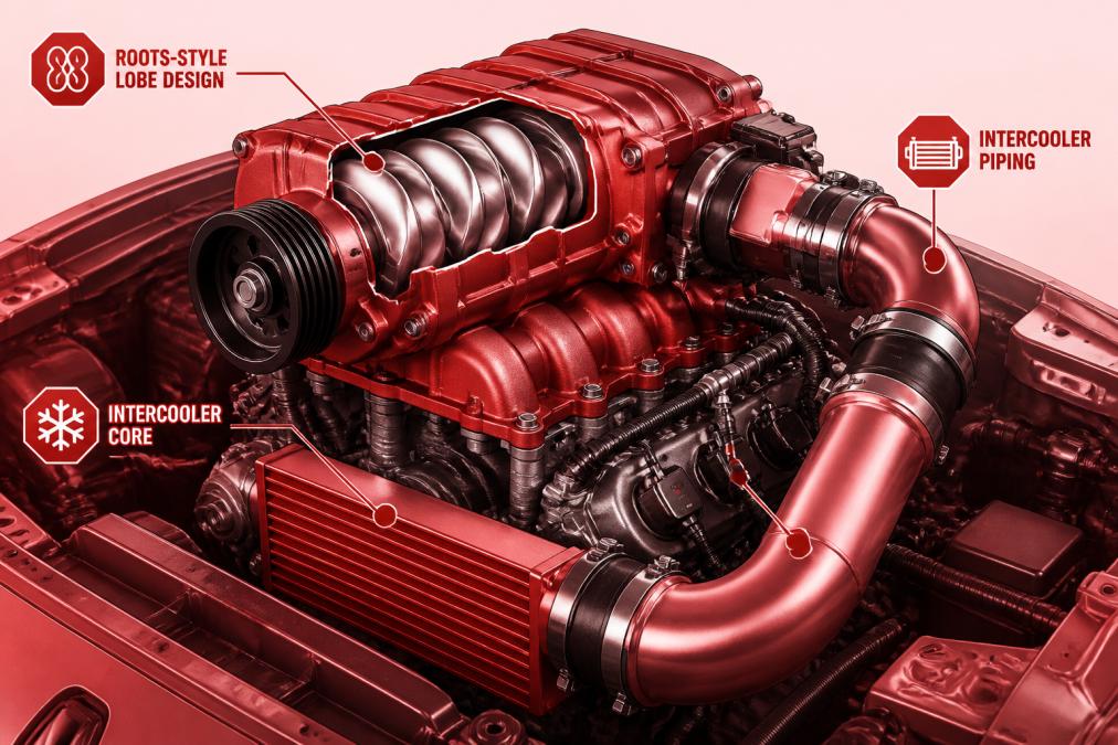 Close-up of a roots-style supercharger intake manifold assembly mounted on an engine block, showing the forced induction lobes and intercooler piping in a well-lit engine bay
