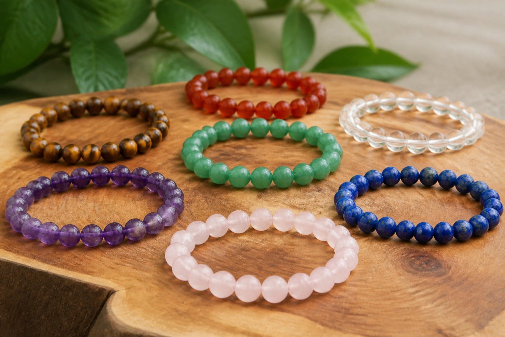 Close-up van verschillende gekleurde edelstenen armbanden met natuurlijke stenen in warme natuurlijke verlichting, liggend op een houten oppervlak