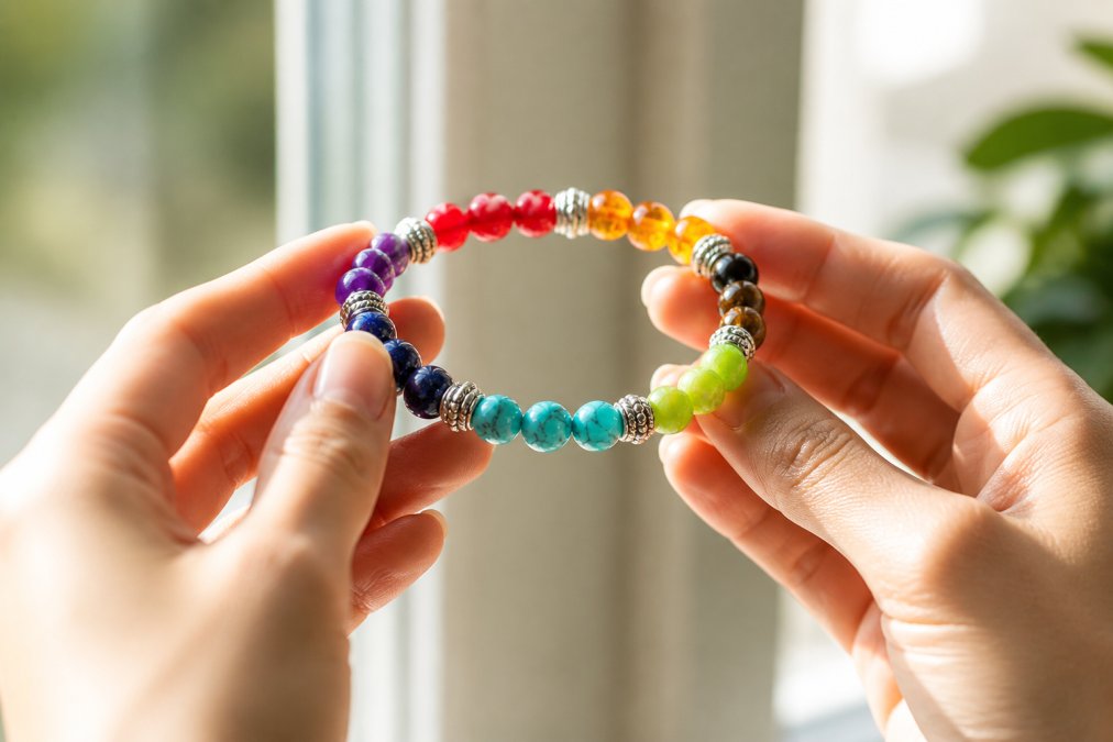Close-up van handen die een edelsteen armband voorzichtig onderzoeken tegen natuurlijk licht, waarbij de kleur, glans en textuur van de natuurlijke stenen duidelijk zichtbaar zijn
