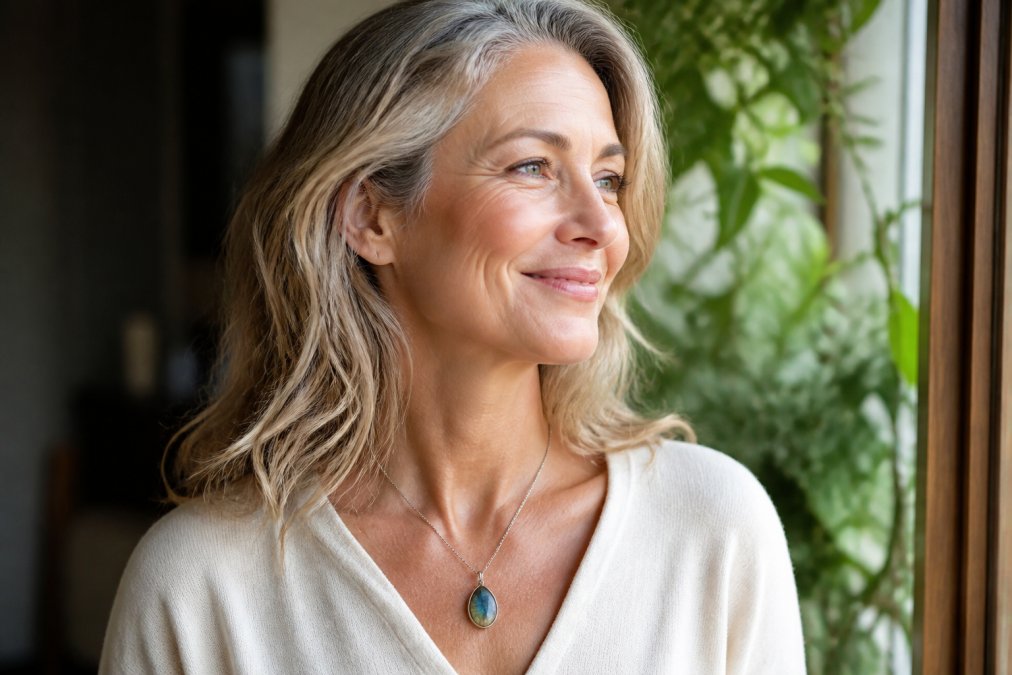 Vrouw van middelbare leeftijd die een labradoriet ketting draagt, glimlachend in natuurlijk licht met een serene uitdrukking