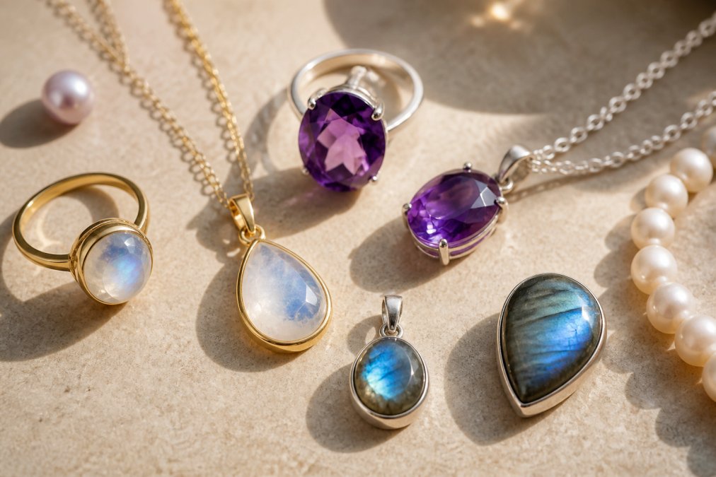 Close-up van verschillende gekleurde edelstenen sieraden inclusief amethist in paars, maansteen met zachtglans, en labradoriet met flitsende kleureffecten, gerangschikt op een neutrale beige achtergrond met natuurlijk daglicht dat de glans van elke steen benadrukt