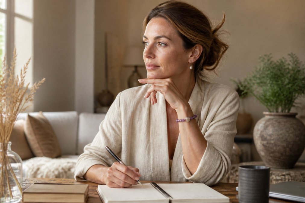 Vrouw in moderne, warme huisomgeving die elegante minimalistische zoetwaterparel oorbellen draagt gecombineerd met een opvallende edelsteen armband in paars, gekleed in neutraal linnen, natuurlijk daglicht dat beide sieraden benadrukt