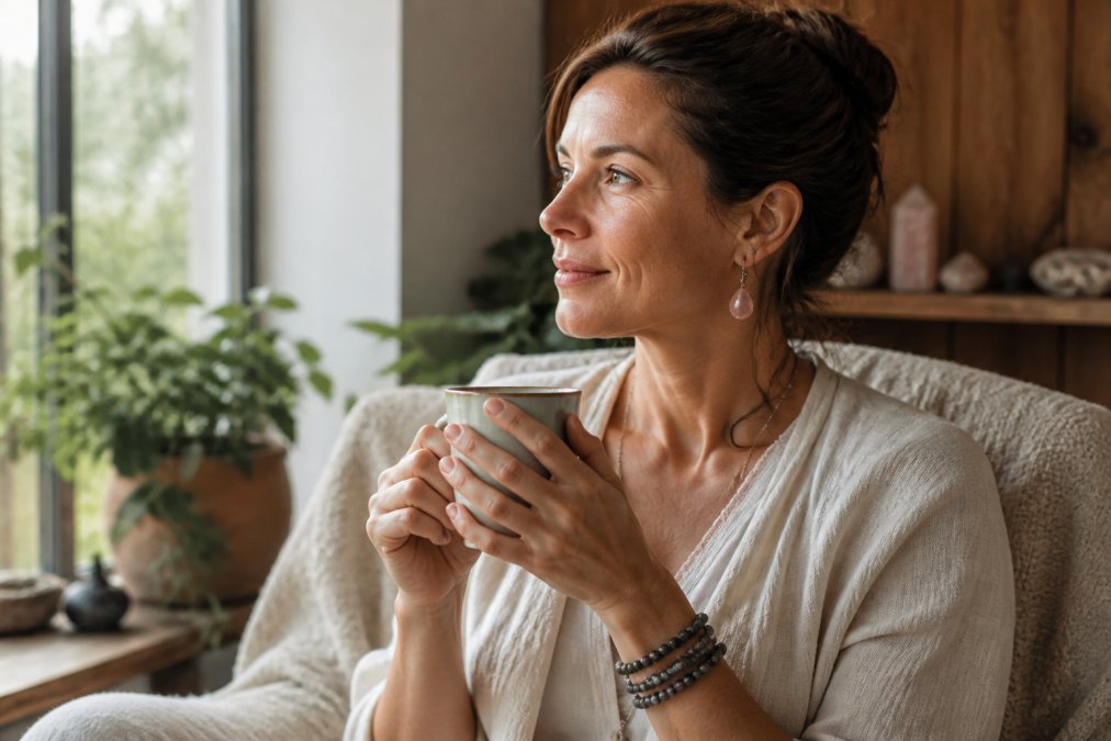 Vrouw draagt een labradoriet wikkelarmband en rozenkwarts oorbellen terwijl zij rustig zit met een kopje thee in een gezellige, natuurlijk verlichte ruimte