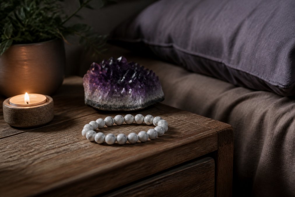 Een rustiek houten nachtkastje met een amethist cluster, een howliet armband en een klein brandend kaarsje in een donkere, serene slaapkamer met zacht licht