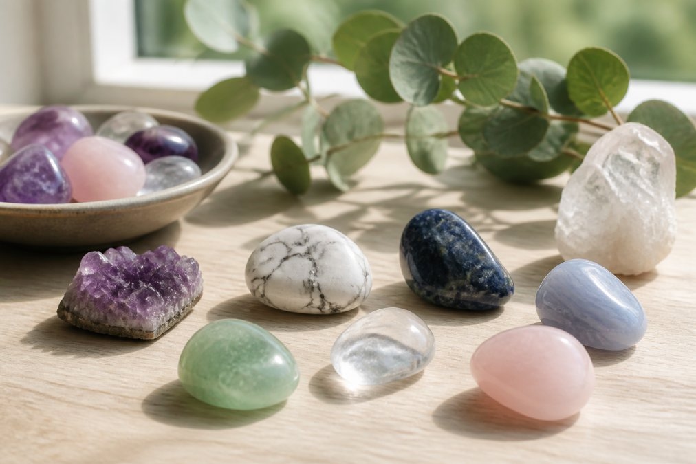 Rustige opstelling van verschillende edelstenen zoals amethist, howliet, blauwe agaat en aventurijn op een licht houten tafel, zacht daglicht valt door een raam, met een takje eucalyptus op de achtergrond
