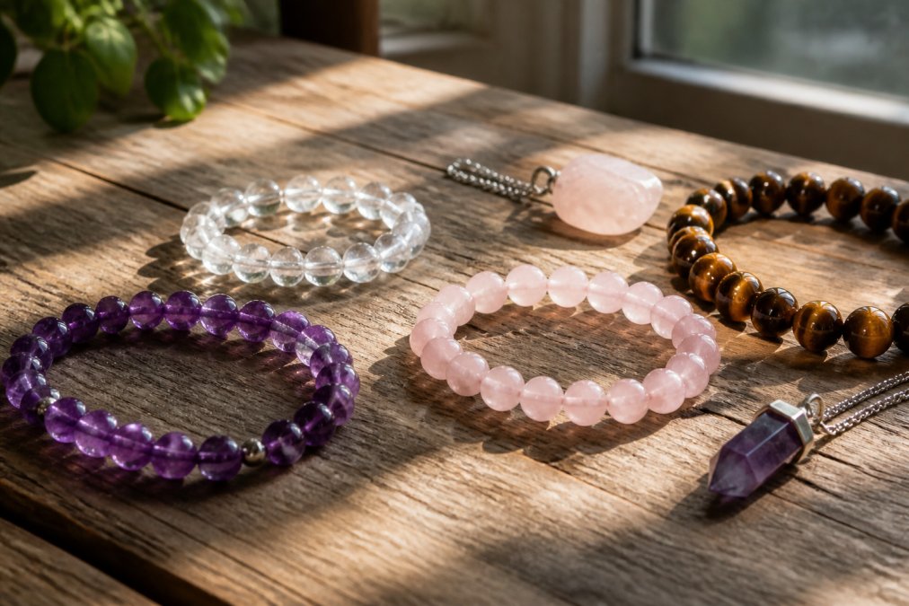 Verschillende gekleurde edelstenen sieraden (amethist, bergkristal, roze kwarts, tijgeroog) liggend op een houten tafel met zonlicht dat door ramen naar binnen valt
