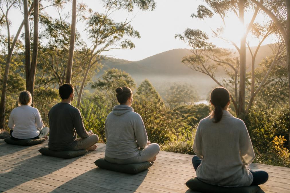 Group of guests seated on meditation cushions in peaceful natural setting overlooking pristine Tasmanian bushland at dawn, with soft morning light filtering through native trees