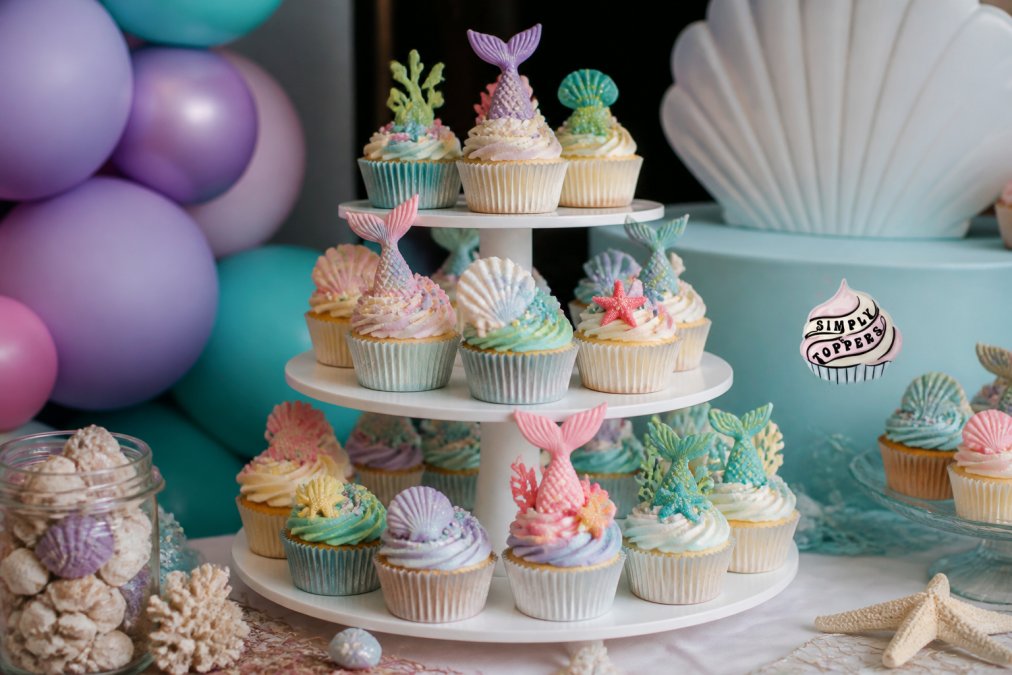 A beautifully decorated cupcake tower with colourful edible toppers including mermaid tails, seashells, and sea life decorations in shimmering pastels and glitter, arranged on tiered cake stands at a festive party table with pastel balloons and seaside-themed decorations