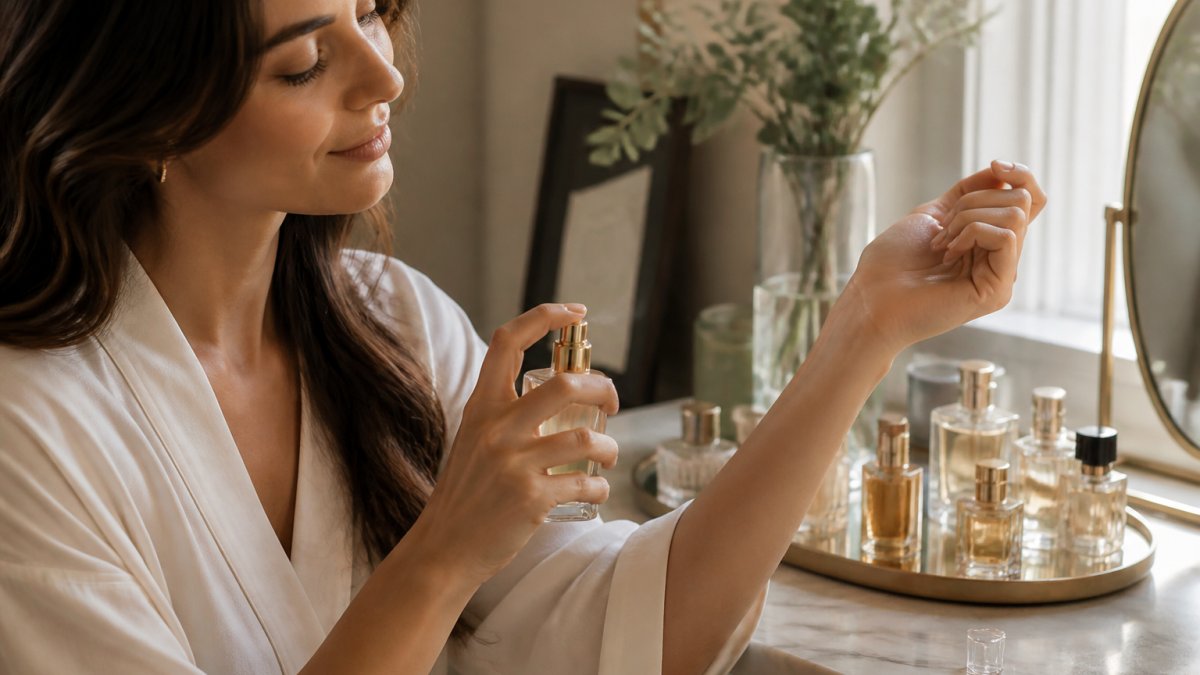 Close-up of a woman applying perfume to her wrist pulse point, soft natural light, elegant vanity setting with glass bottles in the background