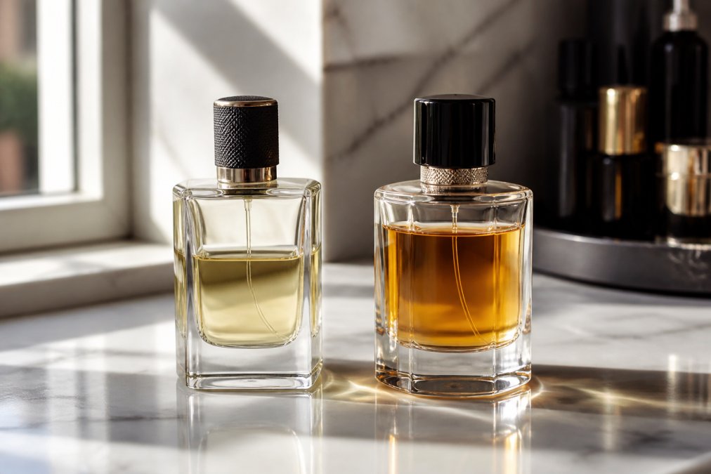 Two designer perfume bottles standing side by side on a marble counter, one labeled Eau de Toilette and one Eau de Parfum, soft window light casting gentle shadows across the glass