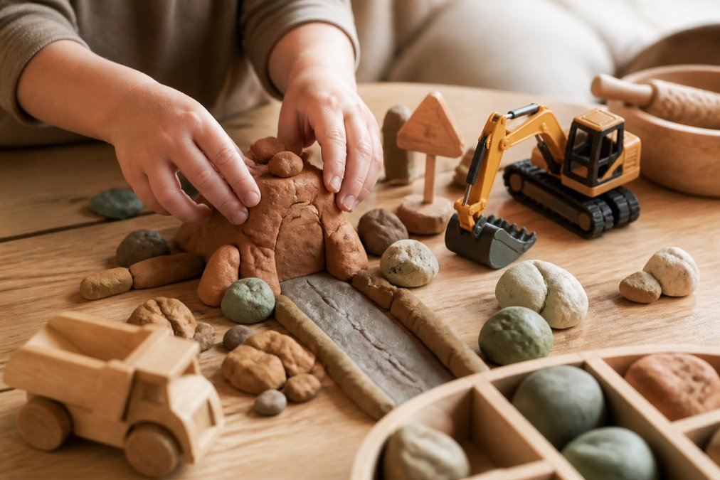 Kind handen boetseren met natuurlijke speelklei, educatief speelgoed 4 jaar voor creatief spel op een houten tafel.