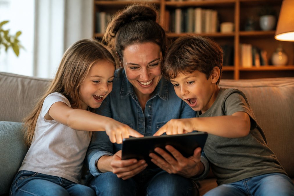 A parent and two children sitting together on a couch, looking at a tablet with an illustrated story, the children pointing at the screen with excited expressions, warm living room lighting, bookshelves in the background
