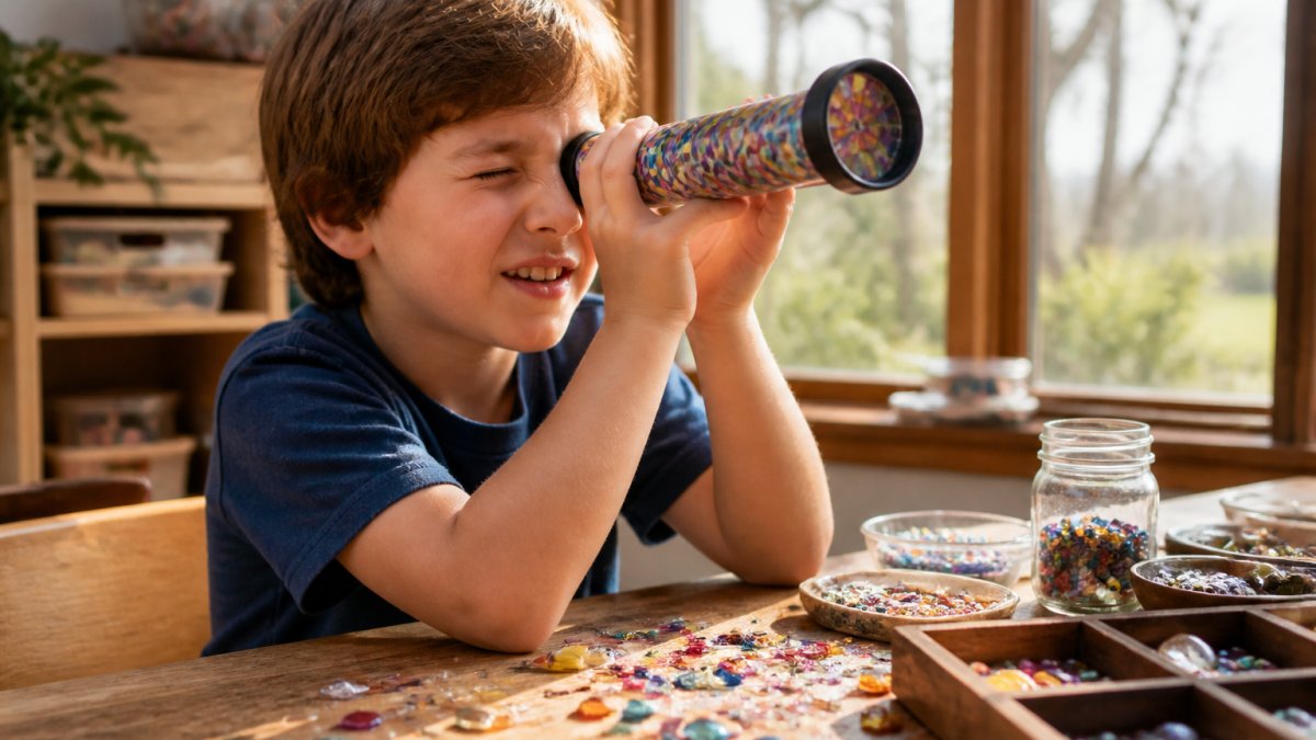 Child looking through a colorful kaleidoscope at a table filled with craft beads and sequins for creative learning