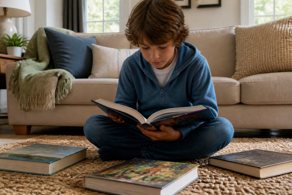 A young child sitting cross-legged on a rug, deeply focused on an open book with colorful illustrations, surrounded by a few other books on the floor in a bright, cozy living room