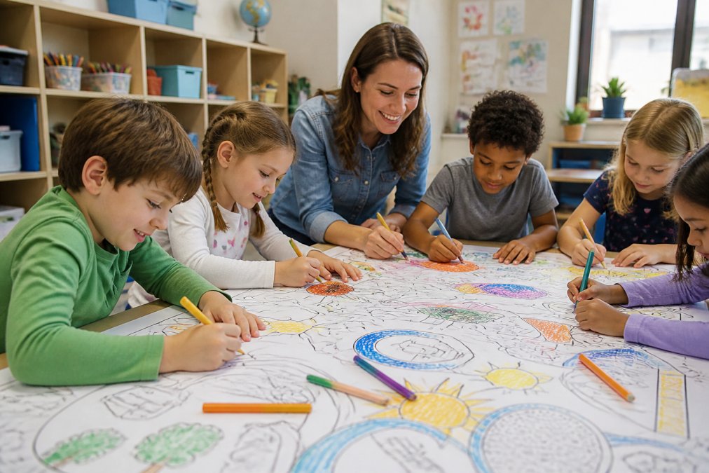 A diverse group of elementary school children gathered around a large table, working together on a giant coloring sheet with crayons and markers, with a teacher guiding them in a bright classroom