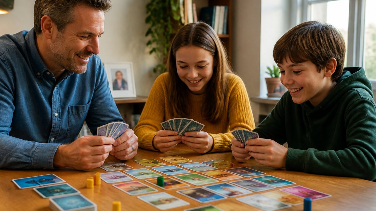 Family of three (adult and two children aged 8-12) sitting around a table playing a colourful card game together, smiling and engaged, with game cards and pieces visible on the wooden surface in warm natural lighting