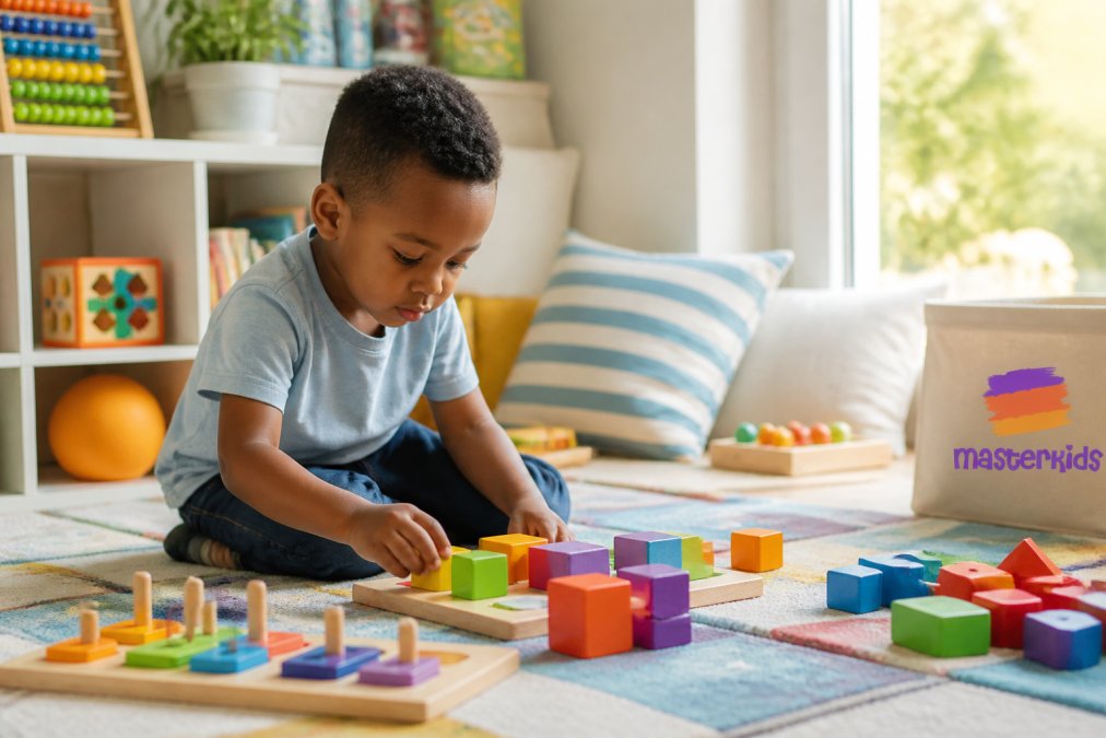 A young child aged 3-5 concentrating on stacking and arranging colourful building blocks and logic puzzles on a bright play mat, sunlight streaming through a window