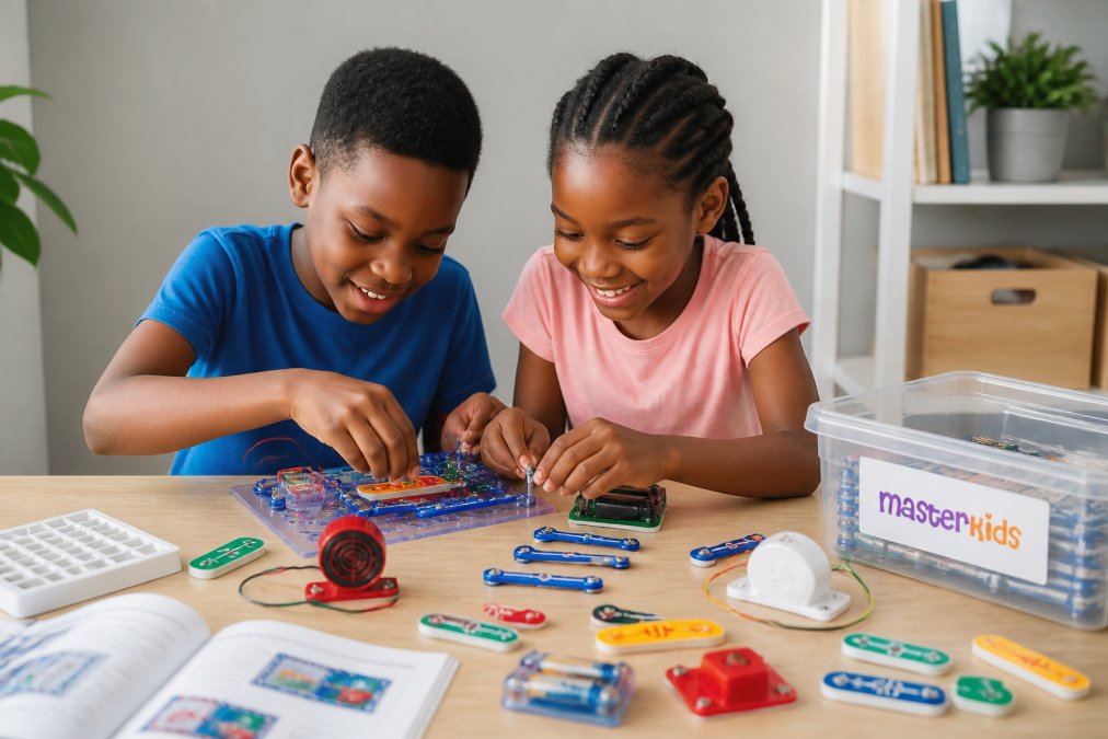 Two children working together on a STEM kit with electronics, circuits, and colourful building components spread across a table, both smiling and experimenting with concentration