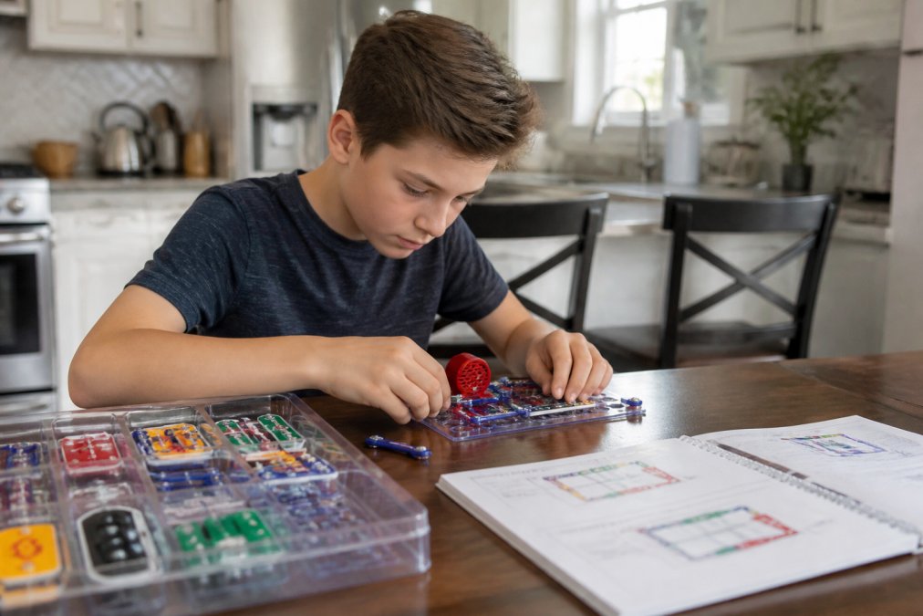 A middle school-aged boy building an electronics circuit kit on a kitchen table, colorful snap-together components spread out in front of him, focused expression on his face