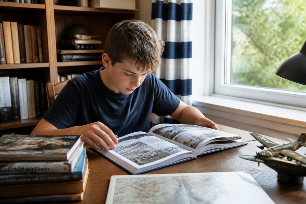 A 12-year-old boy sitting at a wooden desk, engaged and reading a hardcover book with photographs visible on the open pages, natural light coming through a window beside him
