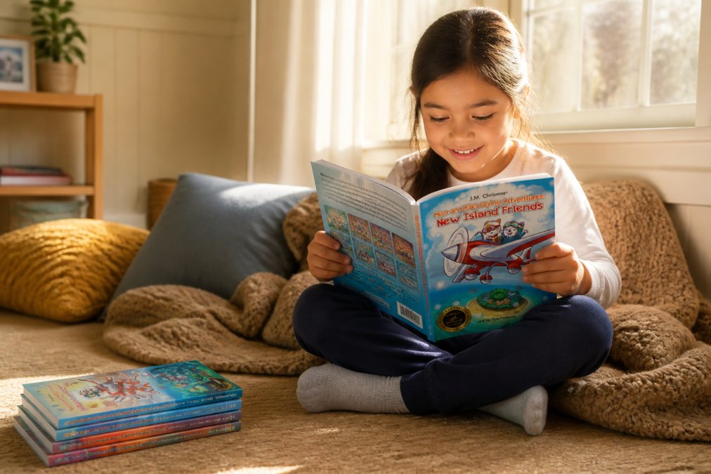 Child reading an adventure book with colorful illustrations, sitting cross-legged with genuine smile, surrounded by cozy blankets and warm natural sunlight streaming through a window