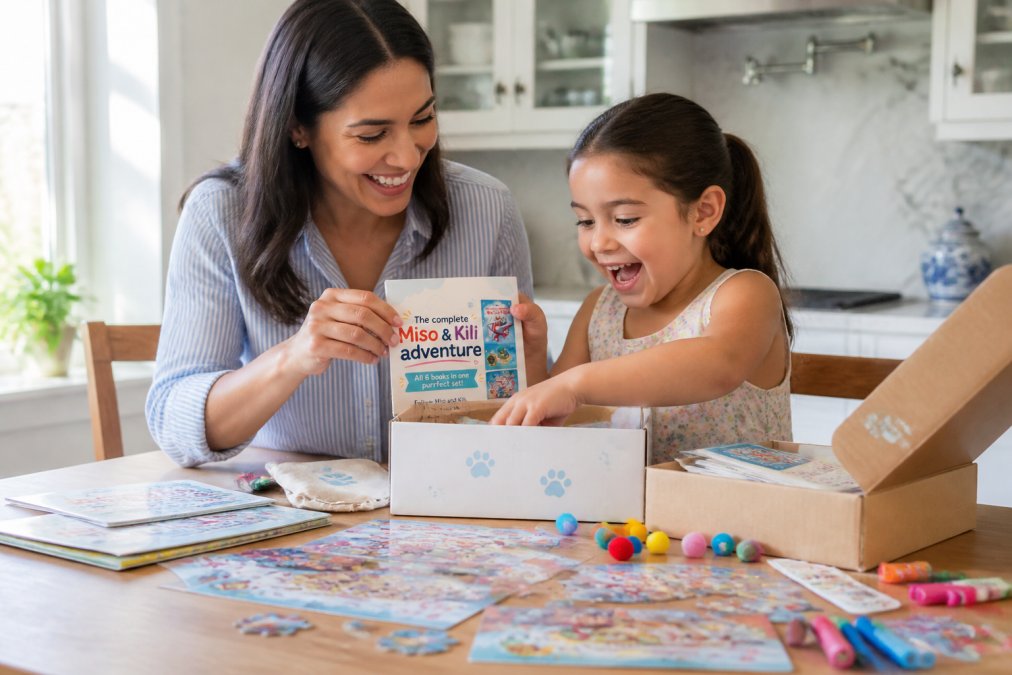 Parent and child unpacking an activity box together at a bright kitchen table, examining puzzle pieces and colorful craft supplies with genuine excitement and engagement