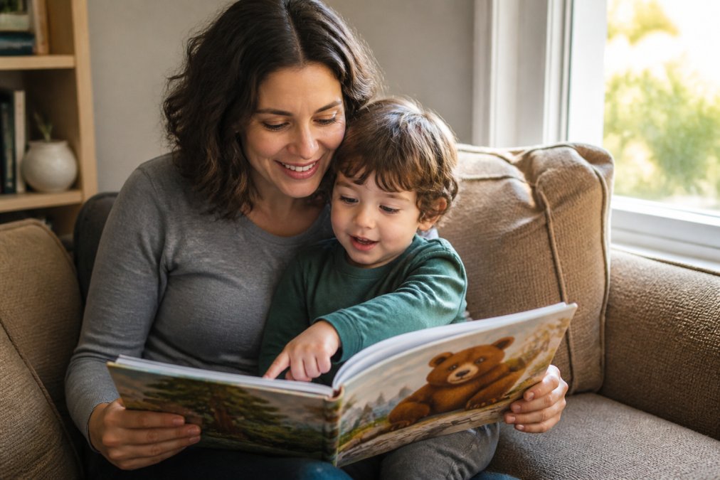 A parent and young child reading a hardcover picture book together on a cozy couch, the child pointing at an illustration of a friendly bear, warm afternoon light through a window