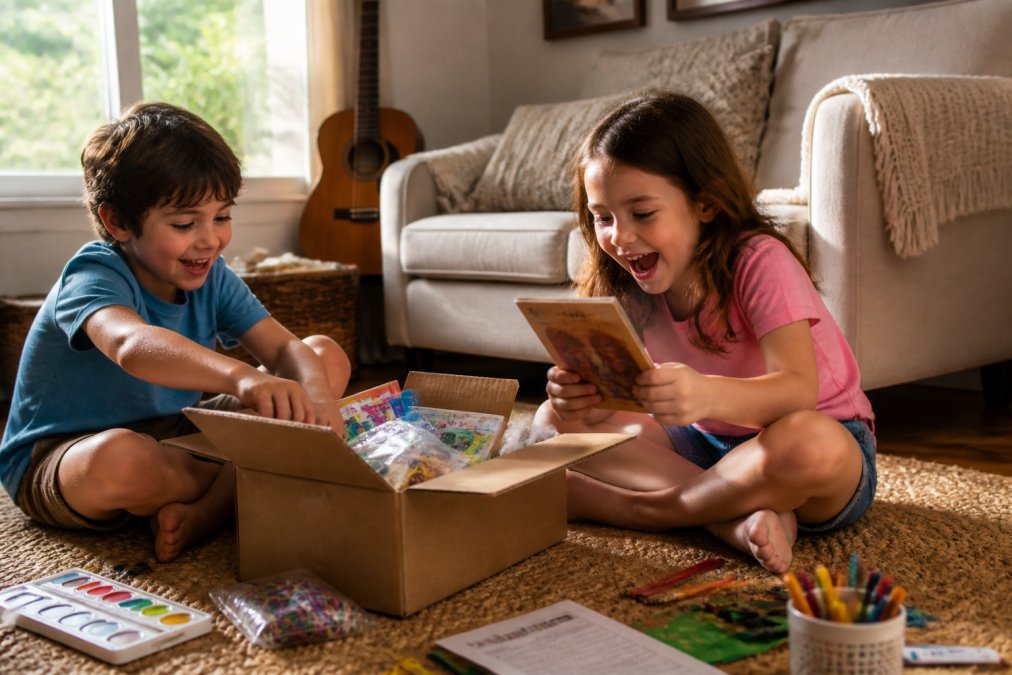 Two children unboxing a colorful educational kit on a living room floor, pulling out activity books and craft supplies, smiling with excitement, warm afternoon light streaming through a window