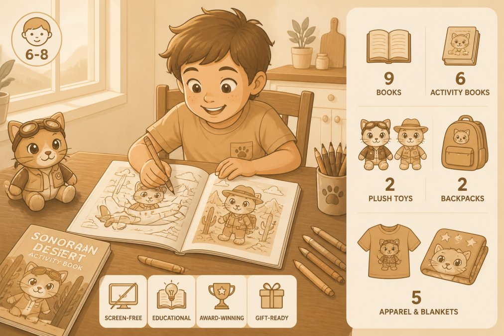 A child aged 6-8 sitting at a wooden kitchen table, happily coloring illustrated cat adventure scenes from an open activity book, crayons and colored pencils fanned out beside them, warm natural light from a nearby window