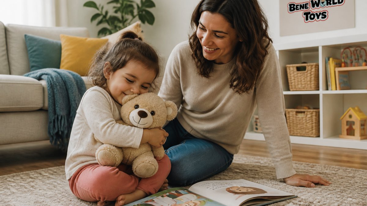 A toddler sitting on a living room floor hugging a soft plush bear while a parent sits nearby smiling, with a storybook open on the rug beside them