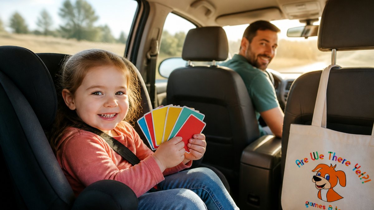 Smiling preschooler holding colorful game cards in a car seat while a parent looks back from the driver seat.
